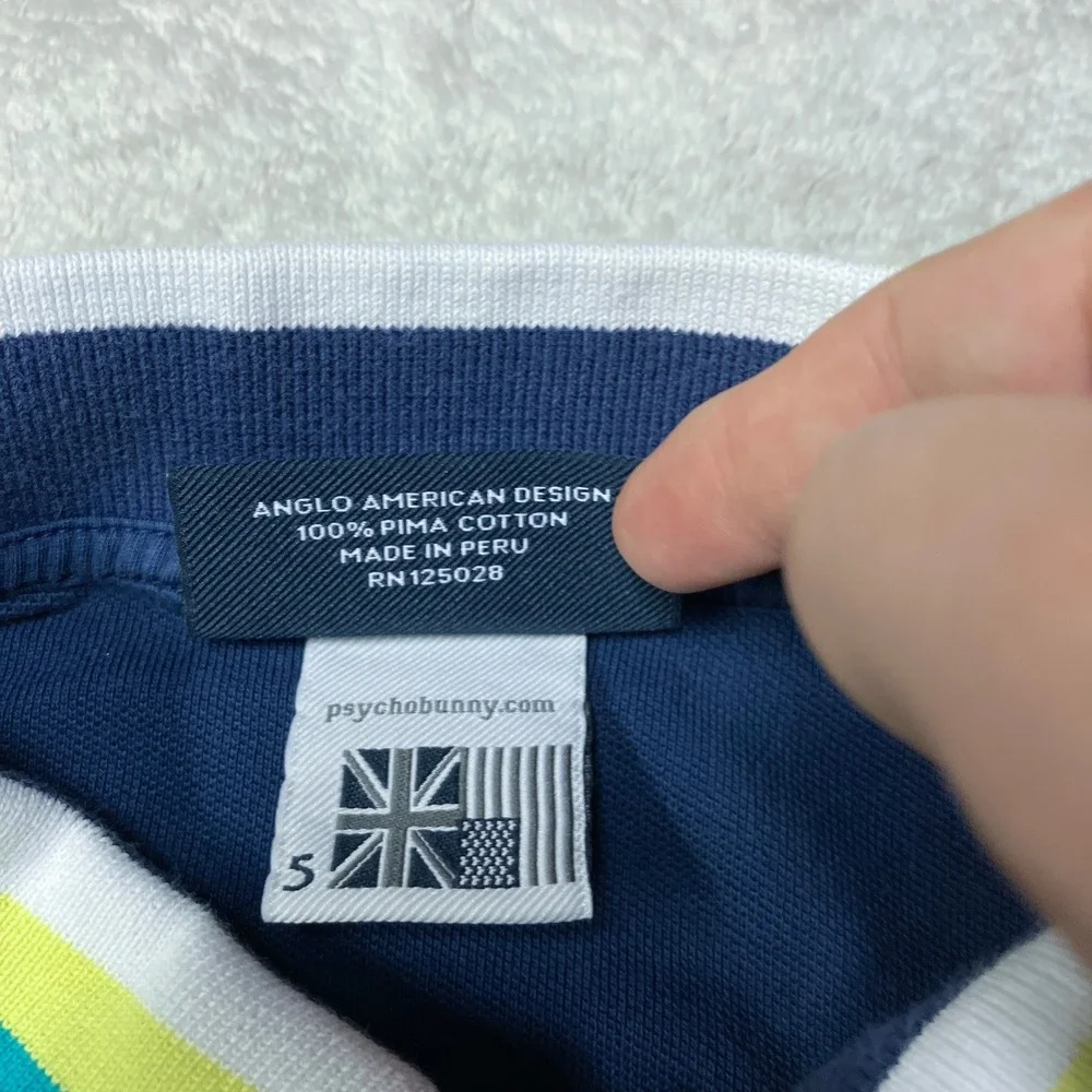 Psycho Bunny Polo Shirt Logo Navy Blue Striped Collar Peru Mens Size 5 L